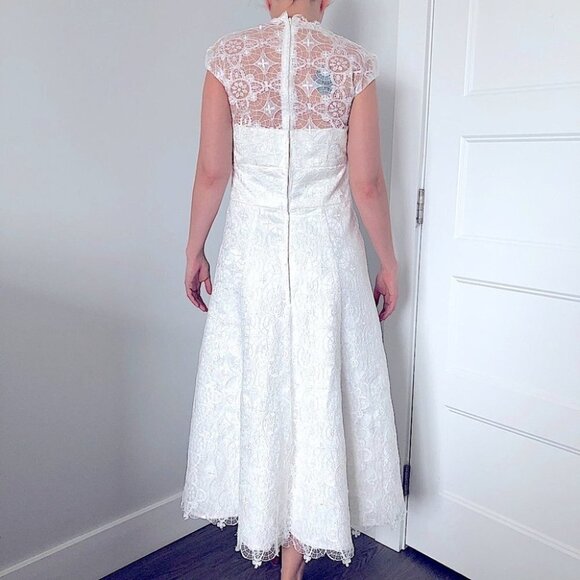 Ivory Lace Overlay Tea Length A-Line Wedding Dress - Picture 2 of 16